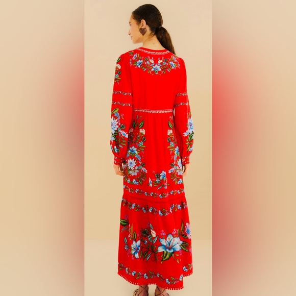 Farm Rio Red Sweet Bloom Bouquet Midi Dress - Medium - New with Tags - Picture 2 of 5